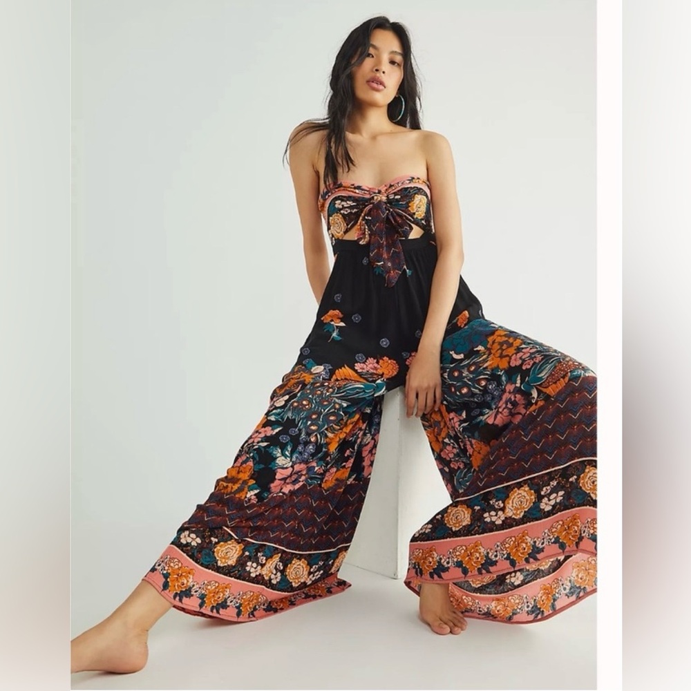 FREE PEOPLE Floral Strapless Bali Birds of Paradise Wide-Leg Jumpsuit EUC - Picture 2 of 11